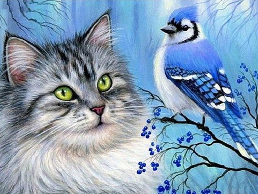 Broderie Diamant Chat Oiseau - Diamond Paintings