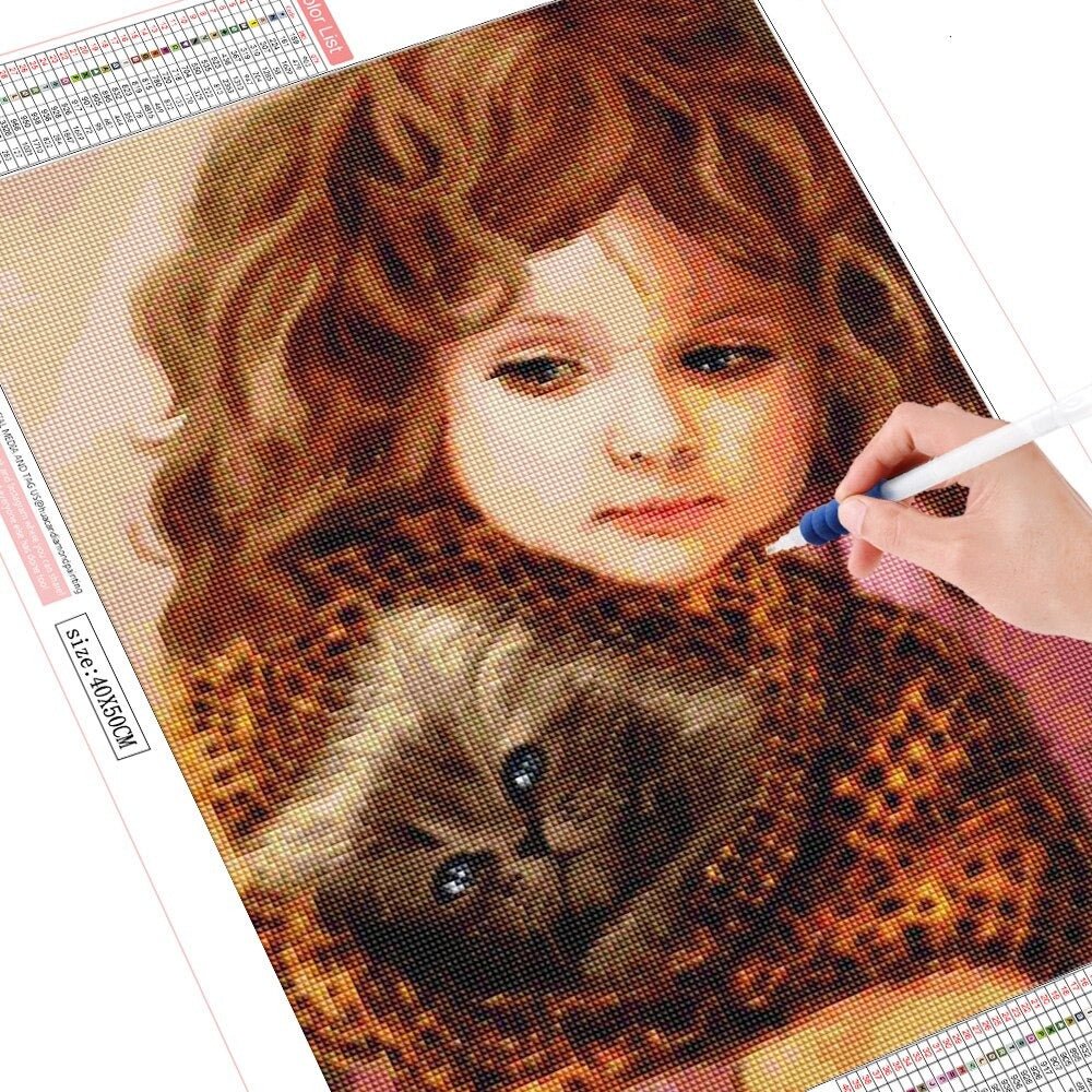 Diamond Painting Petit Fille avec un Chat - Diamond Paintings