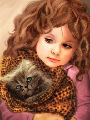 Diamond Painting Petit Fille avec un Chat - Diamond Paintings